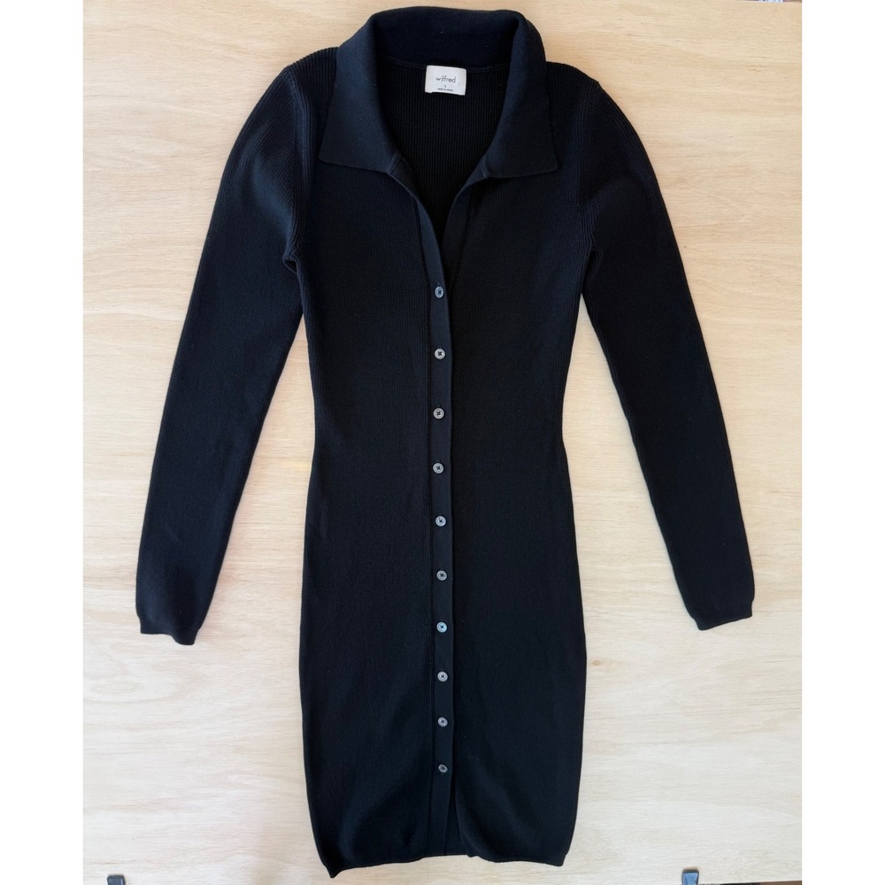 Wilfred Aritzia Black Ribbed Knit Button Down Cardigan Midi Dress -Small